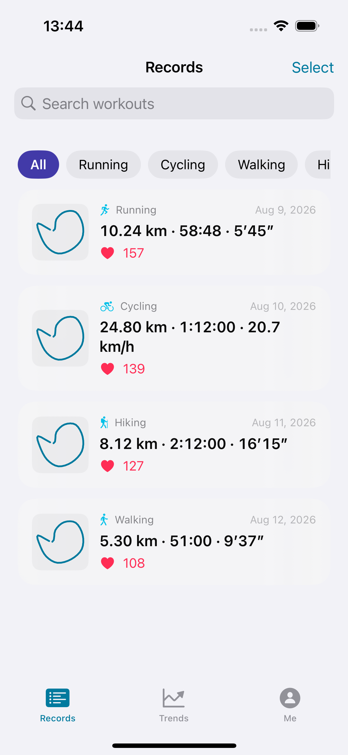 TraceLens workout library on iPhone